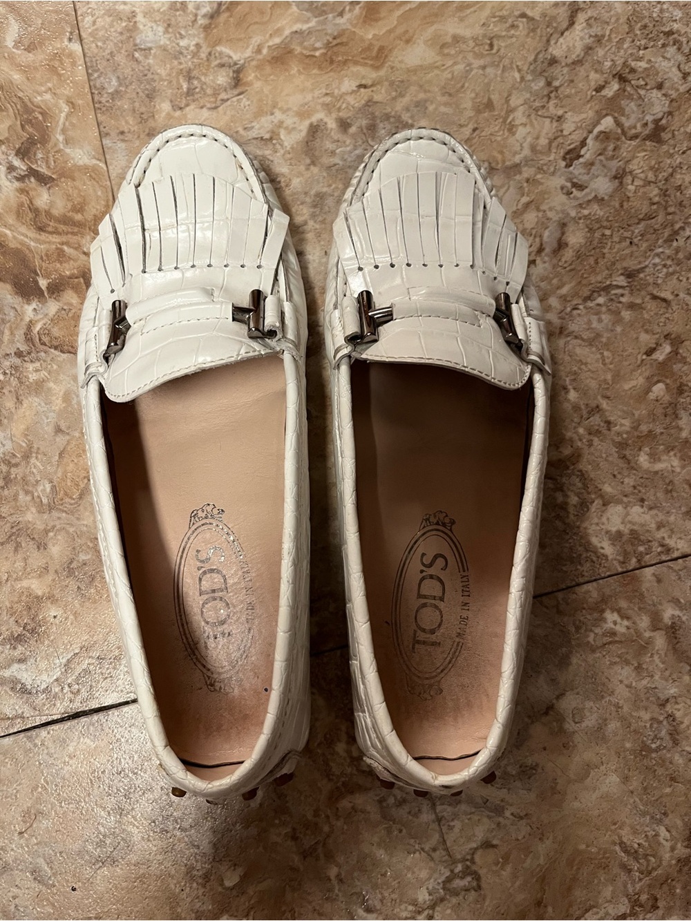 Tod's White Croc-Embossed Kiltie Bit Loafers